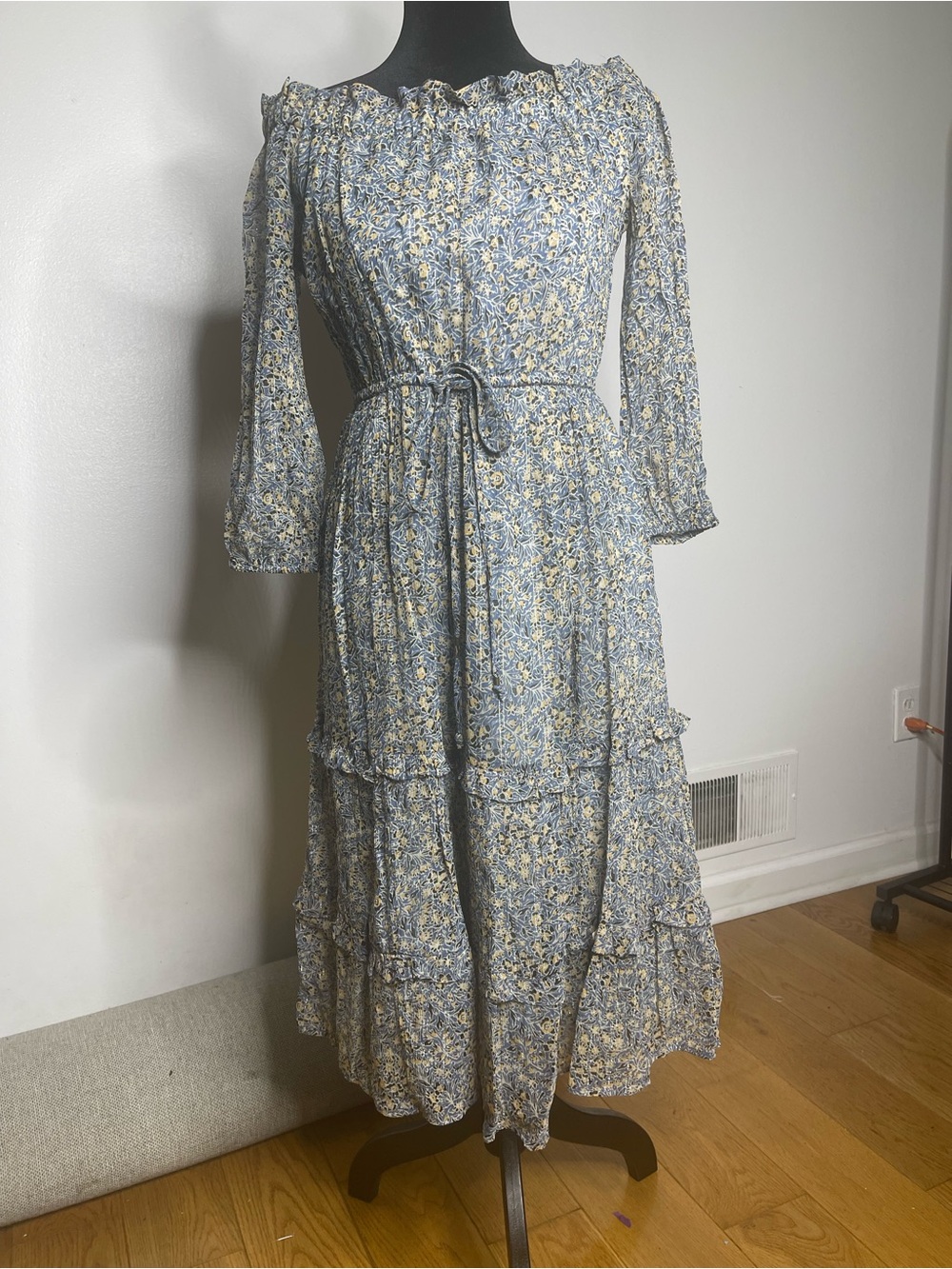 Entropologie Blue Floral Maxi Dress with Waist Tie